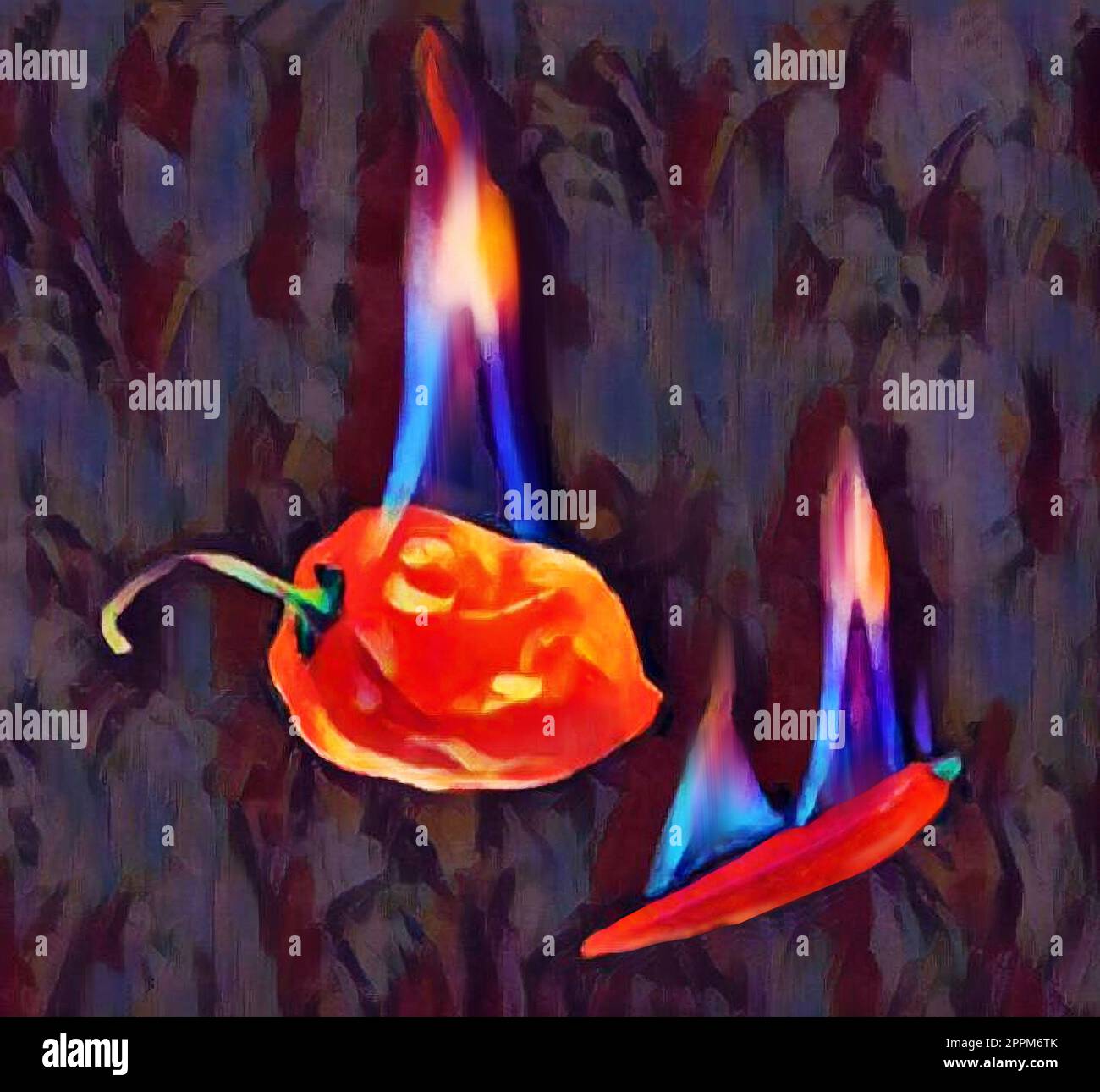 A habanero pepper and thai chile are seen with flames in a digital