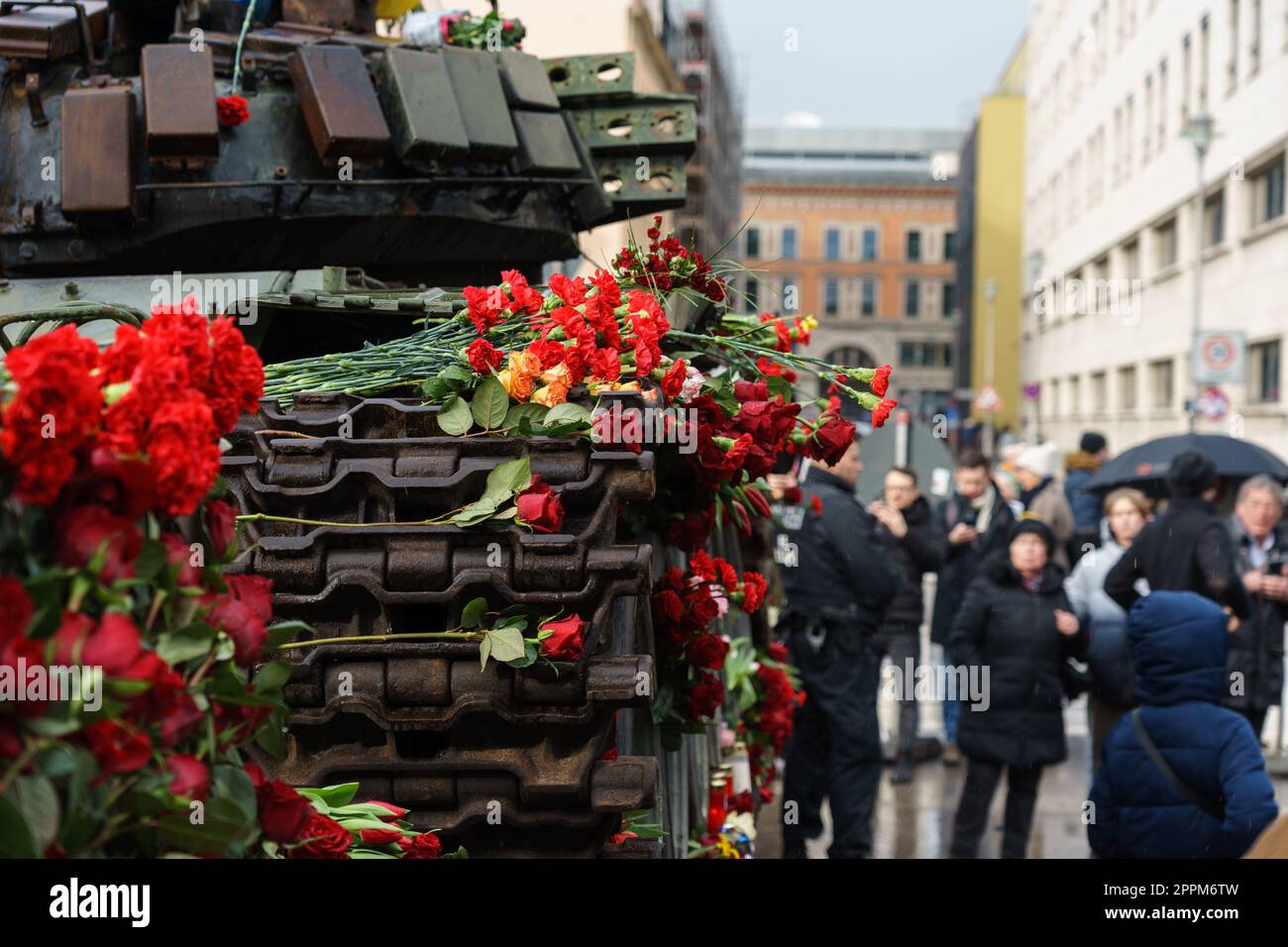 BERLIN - FEBRUARY 25, 2023: Destroyed Russian T-72 tank in front of the Russian embassy on Unter der Linden. Stock Photo