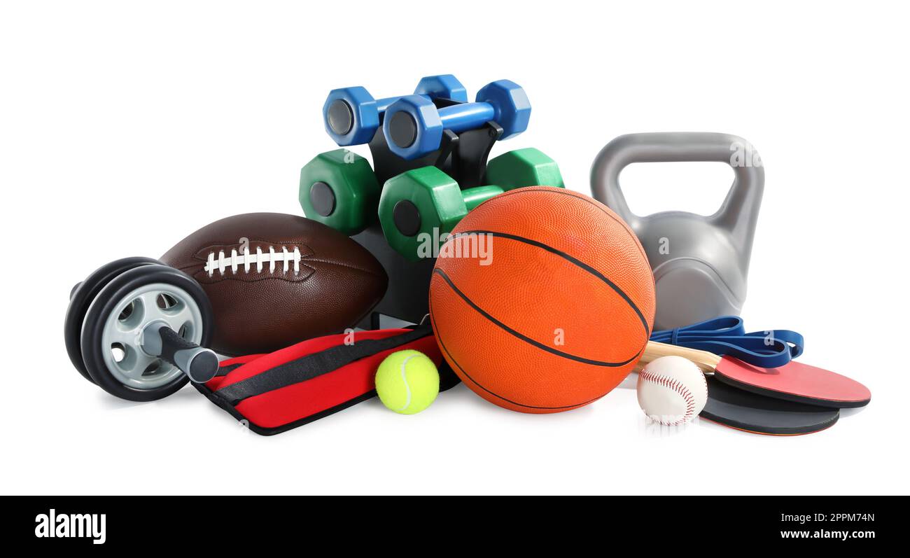 Set of different sports equipment on white background Stock Photo Alamy