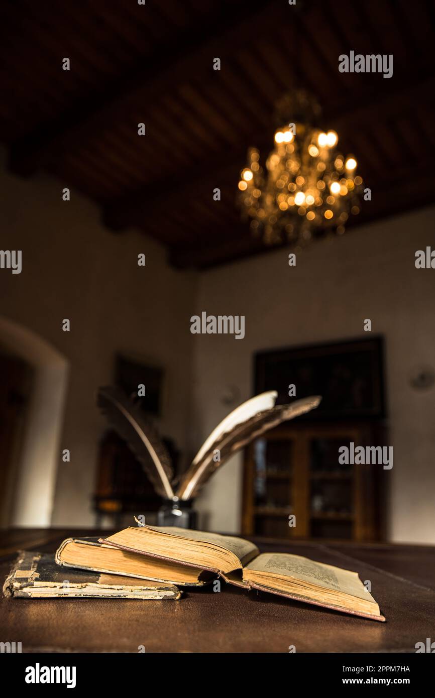 Old chateau library with old books, bookshelves, writing quill and a parchment Stock Photo Alamy