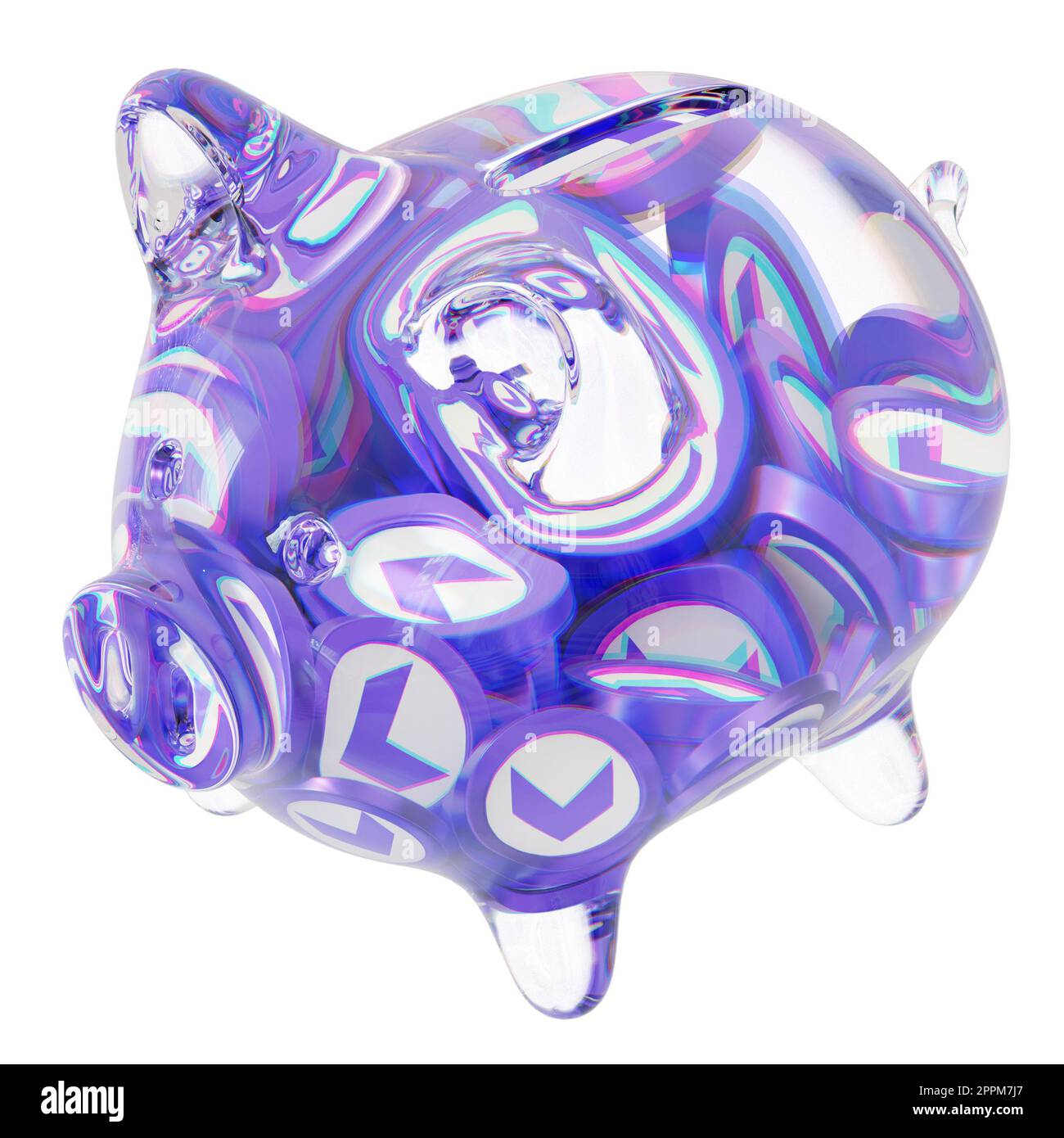 Everscale (EVER) Clear Glass piggy bank with decreasing piles of crypto coins. Saving inflation, financial crisis, and losing money concept. 3d illustration Stock Photo