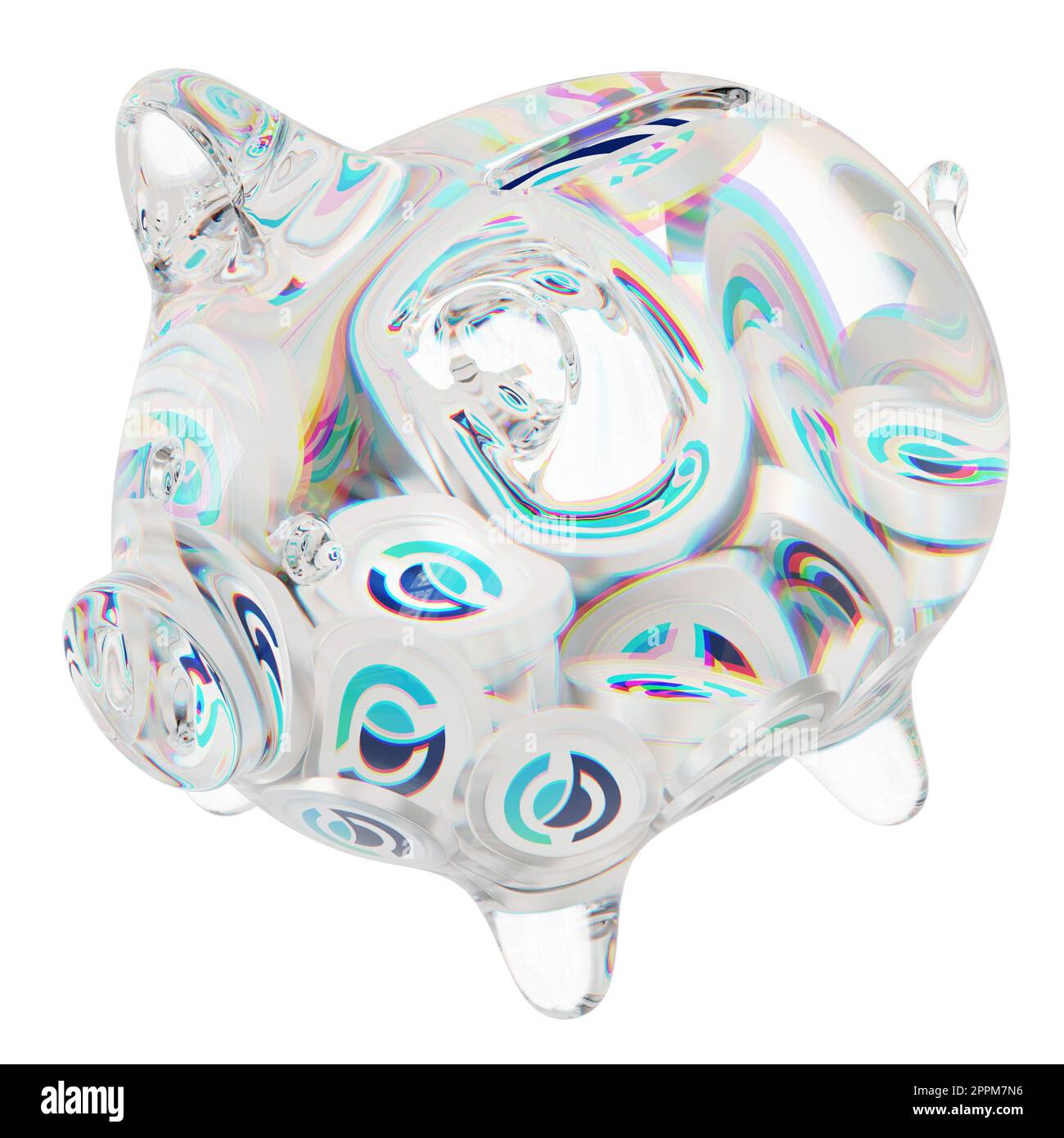 Horizen (ZEN) Clear Glass piggy bank with decreasing piles of crypto coins. Saving inflation, financial crisis, and losing money concept. 3d illustration Stock Photo