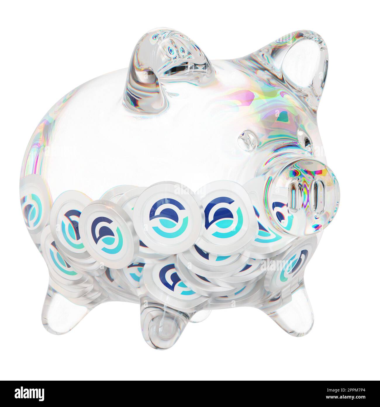 Horizen (ZEN) Clear Glass piggy bank with decreasing piles of crypto coins. Saving inflation, financial crisis, and losing money concept. 3d illustration Stock Photo