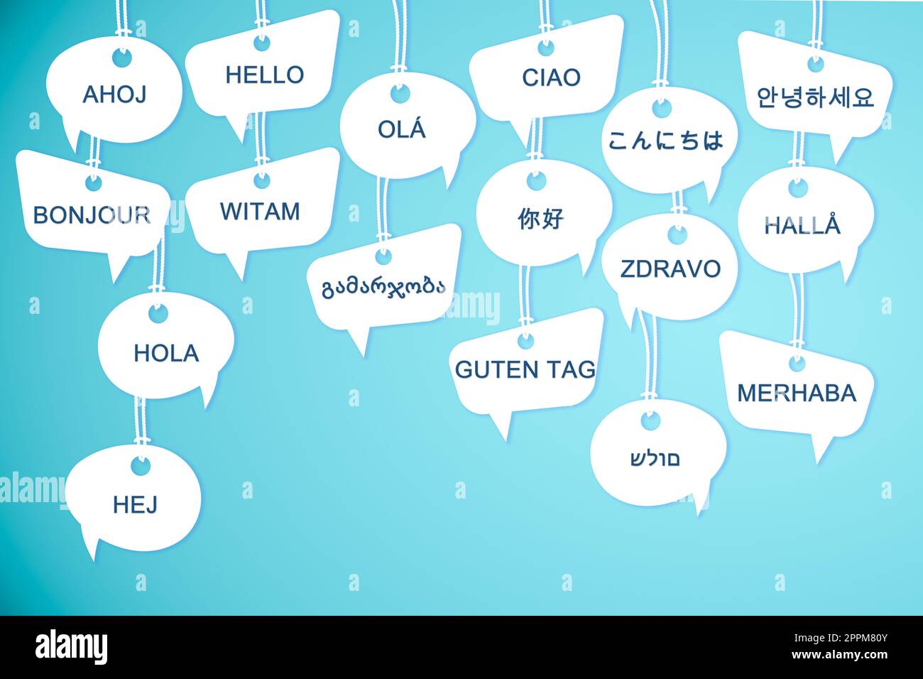 Speech bubbles with greeting words in different foreign languages on ...