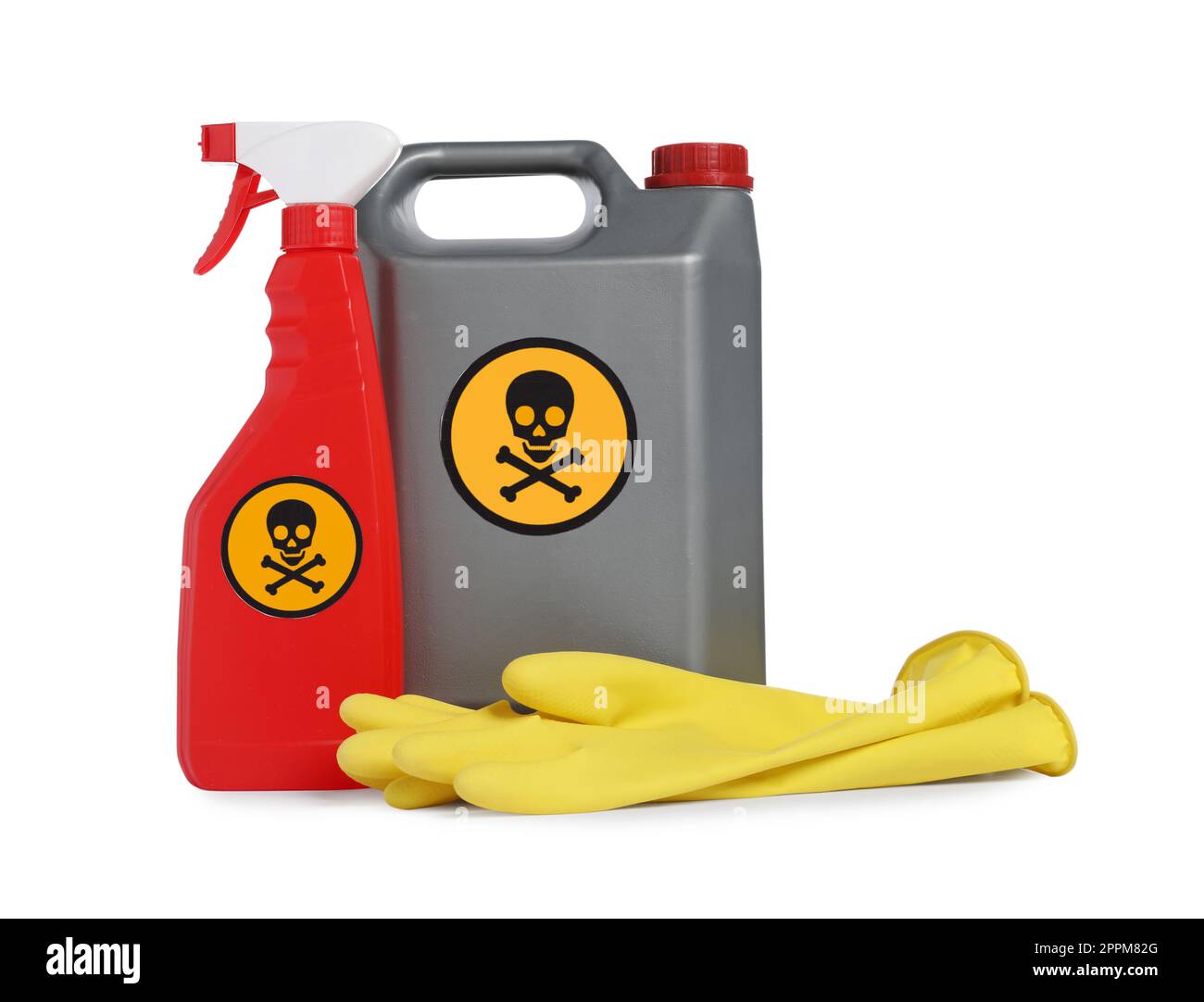 Bottles of toxic household chemicals with warning signs and rubber