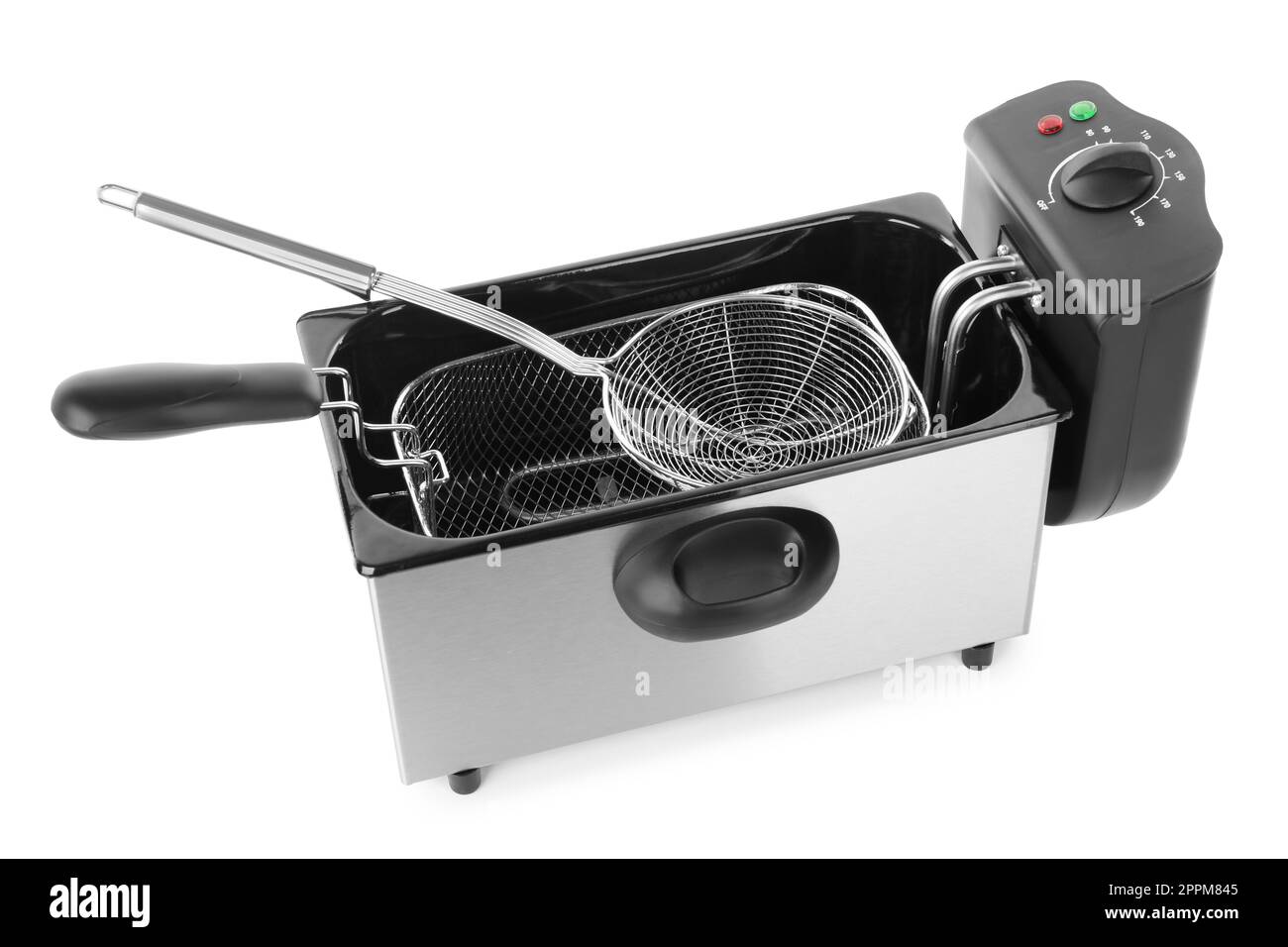 Modern deep fryer and baskets isolated on white. Kitchen device Stock