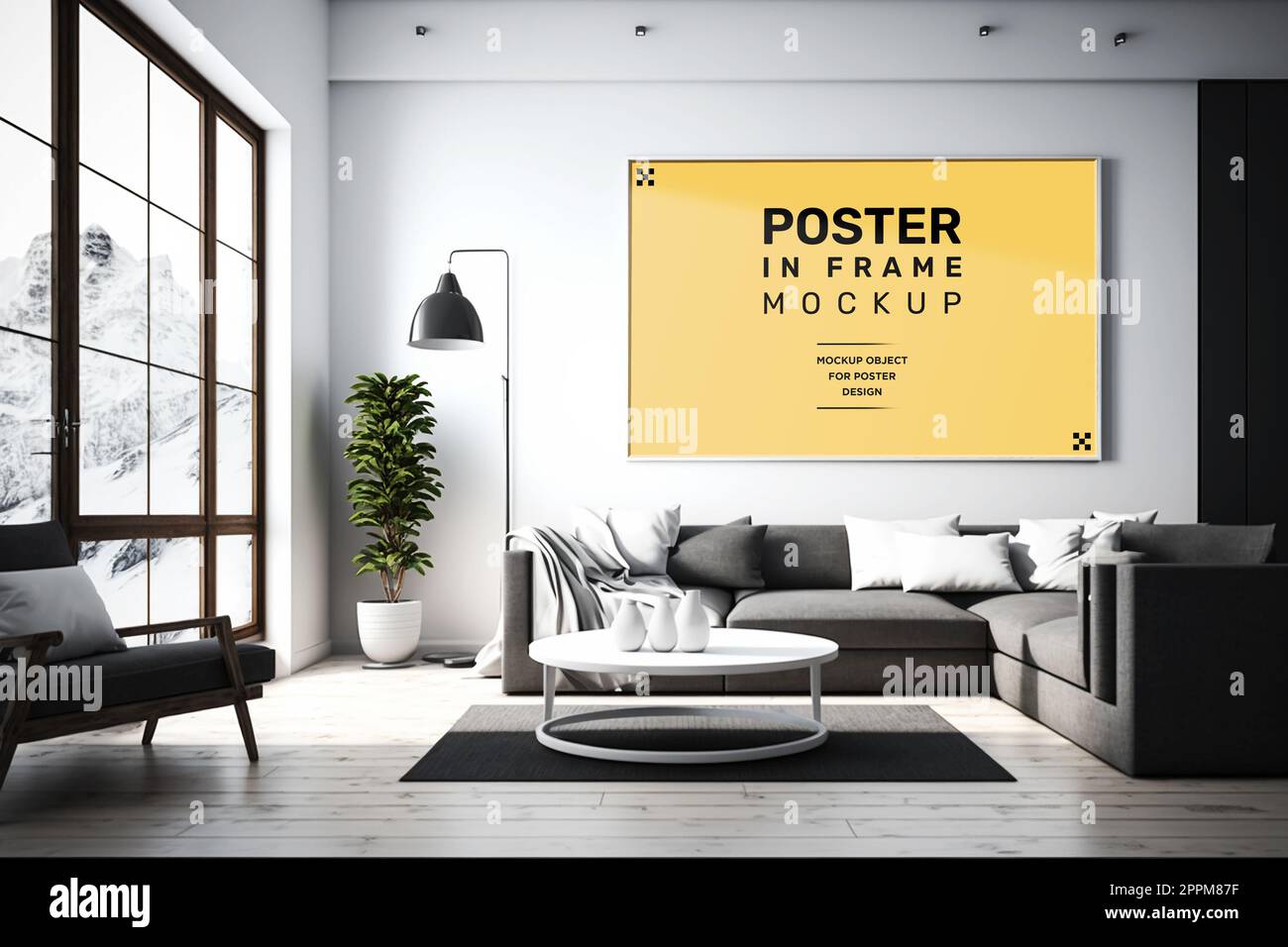 Modern room interior with mock-up photo frame on white walls. Black and white furniture. Stock Photo