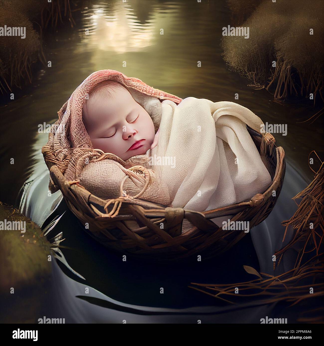 Baby Moses floating in a reed basket on the river Nile in Egypt, jewish