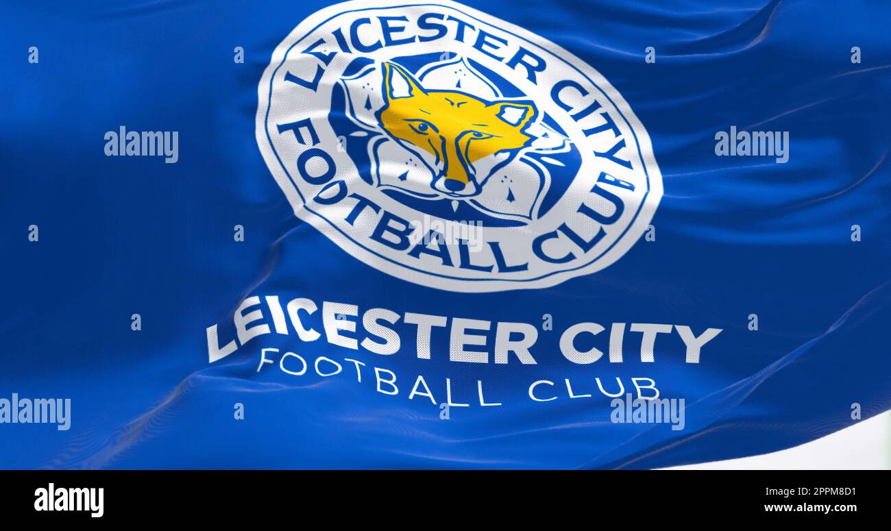Close-up of Leicester City FC flag waving in the wind Stock Photo