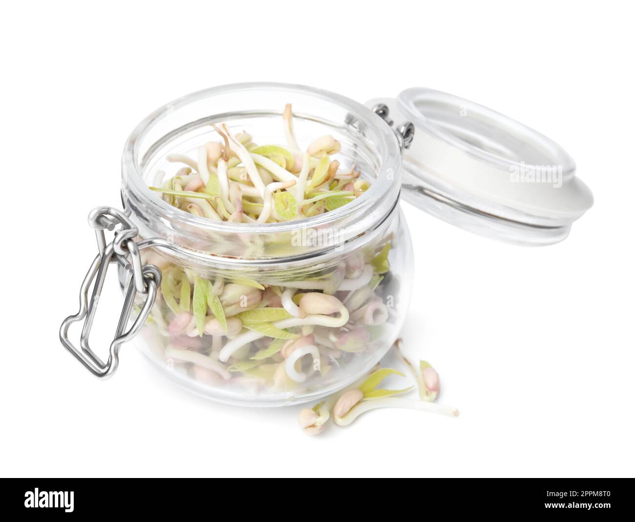 Mung bean sprouts in glass jar isolated on white Stock Photo Alamy