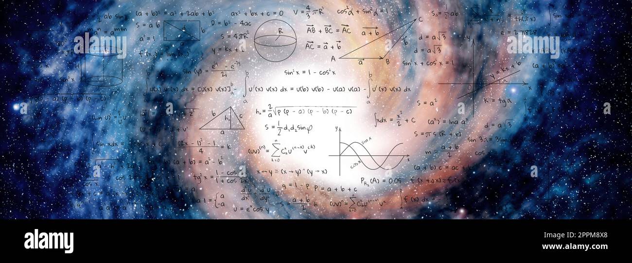 Illustration of basic physics and mathematics formulas and galaxy in ...