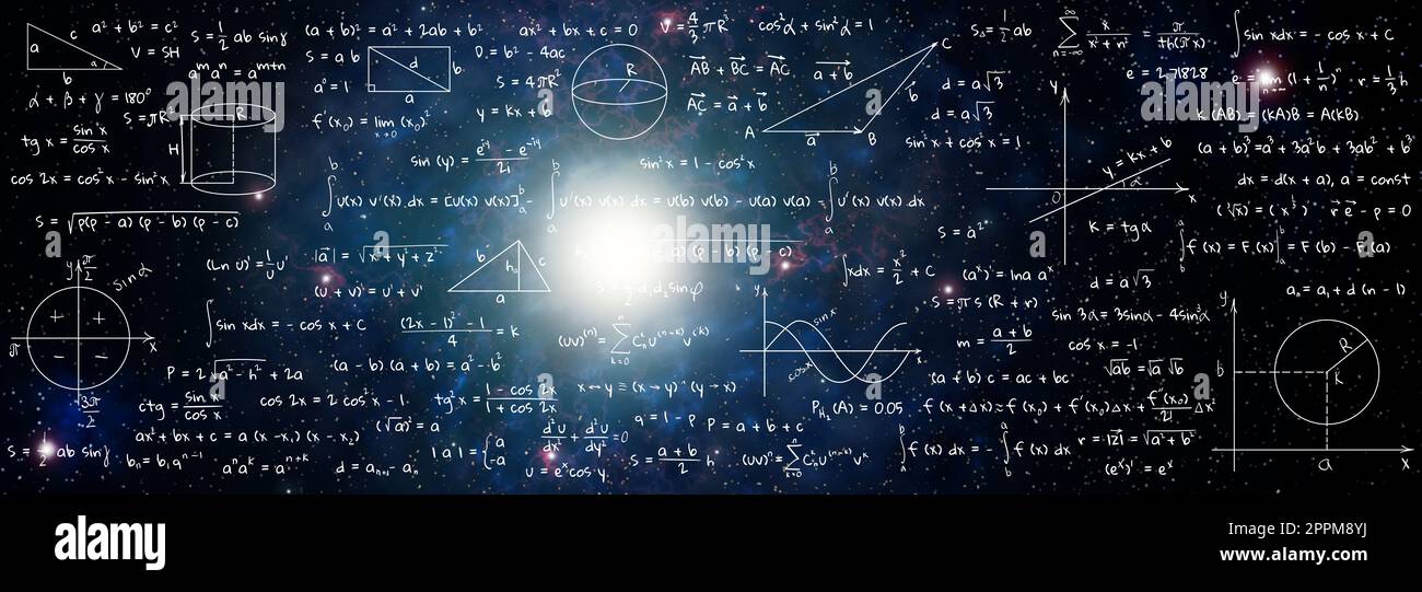 Illustration of basic physics and mathematics formulas and galaxy in ...