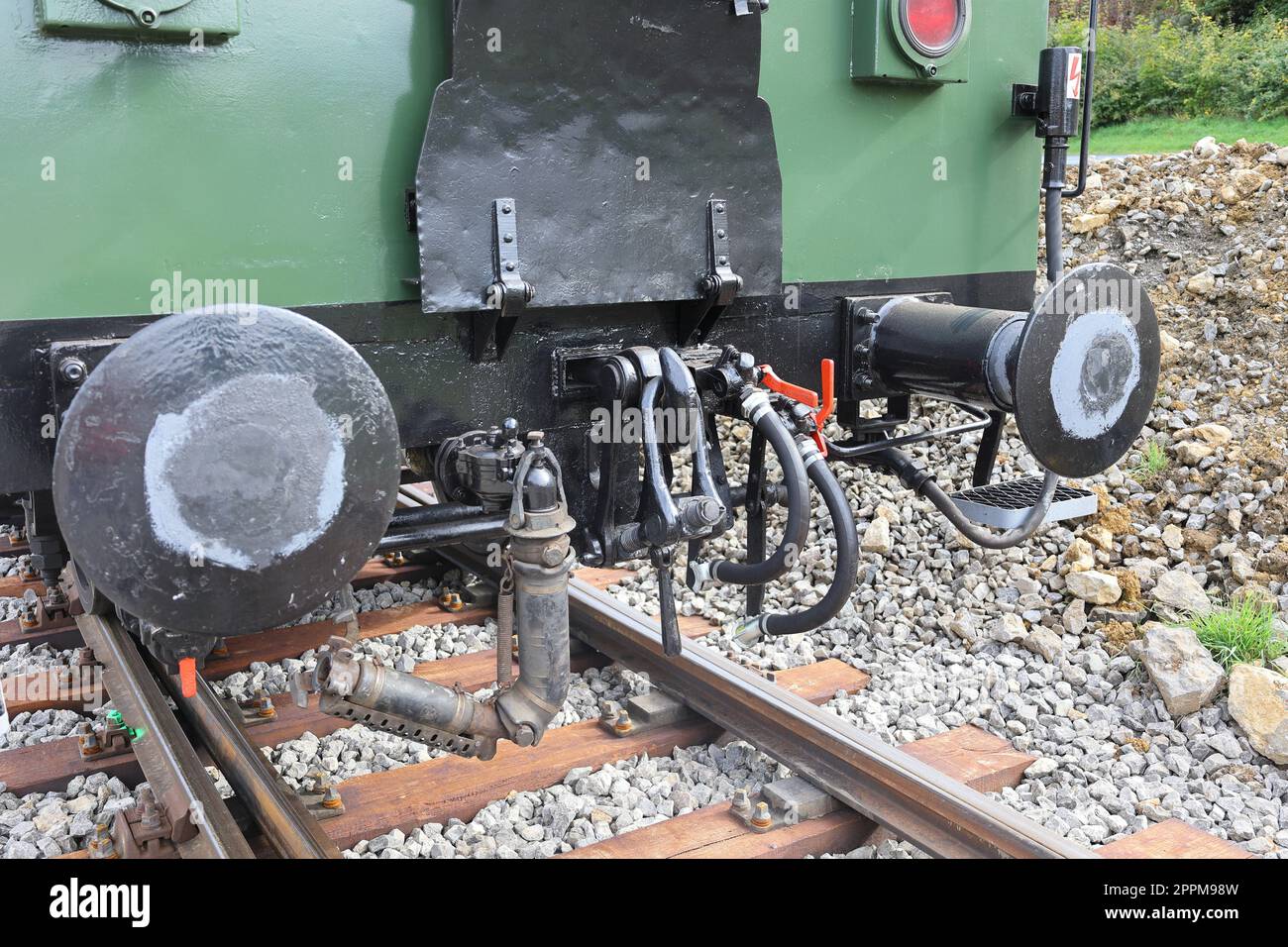 Coupling and air line on an old railroad car Stock Photo