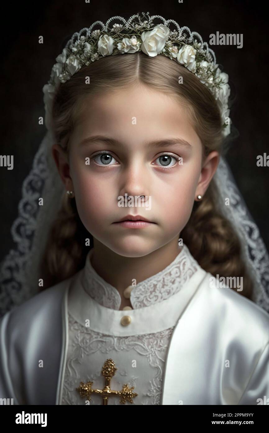 Photo of first communion girl praying at the kneeler Stock Photo Alamy