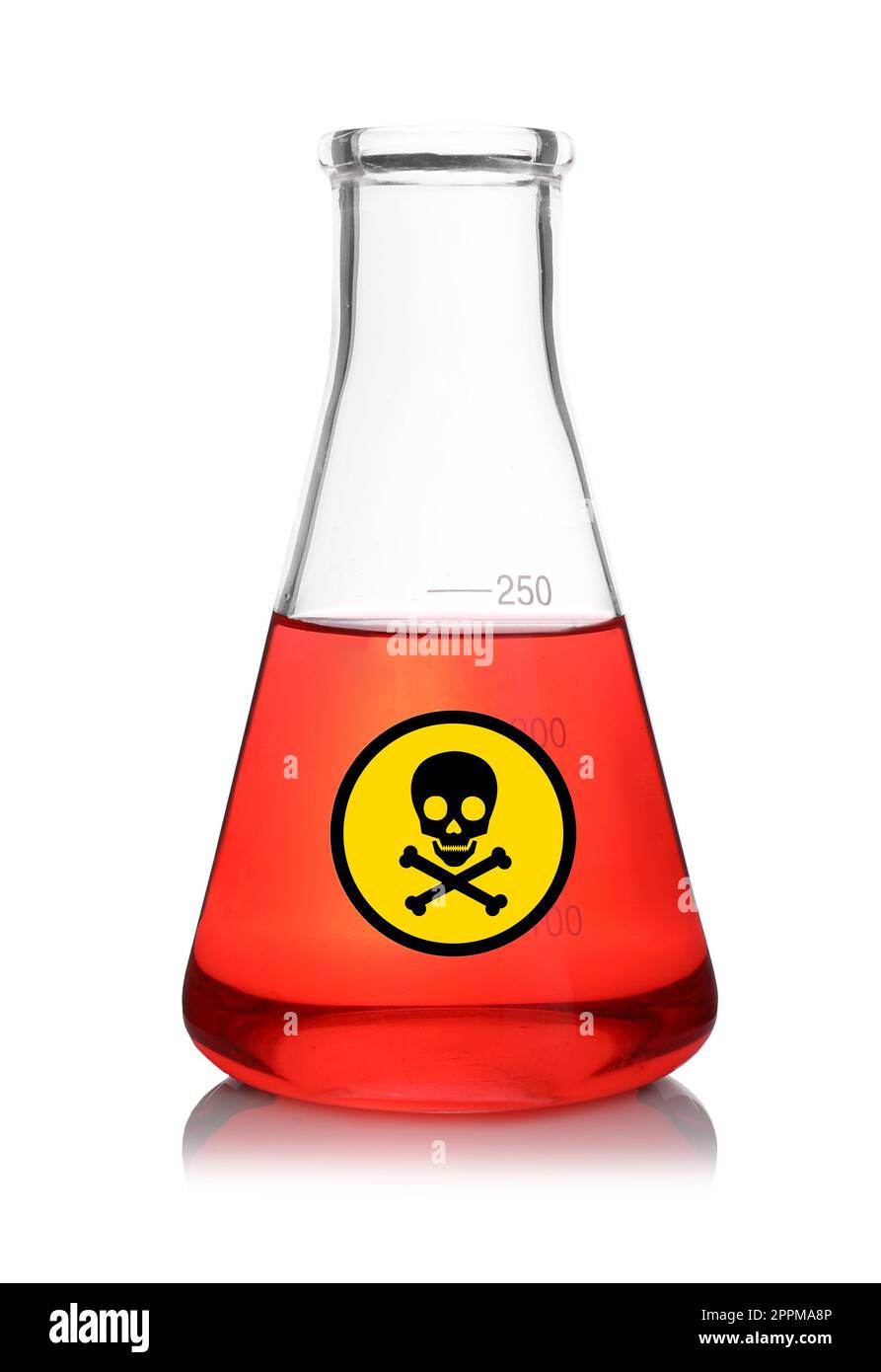 Glass bottle with red toxic sample and warning sign on white background