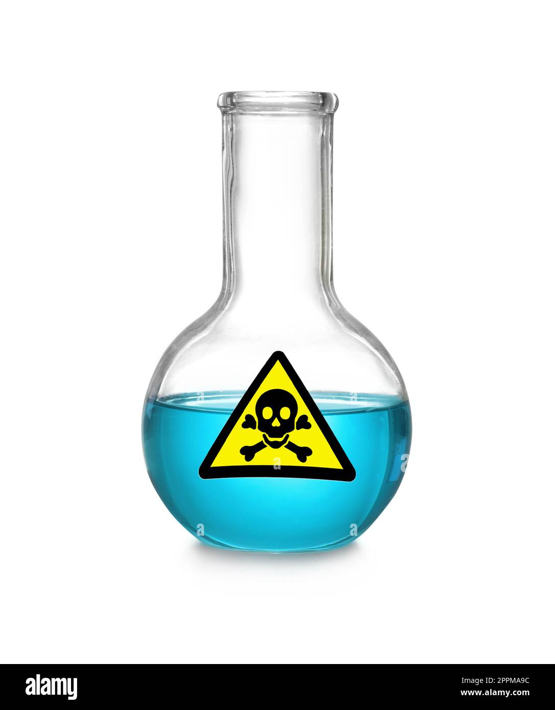 Glass bottle with blue toxic sample and warning sign on white