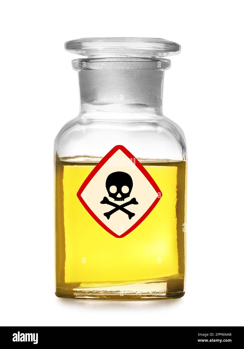 Glass bottle with yellow toxic sample and warning sign on white