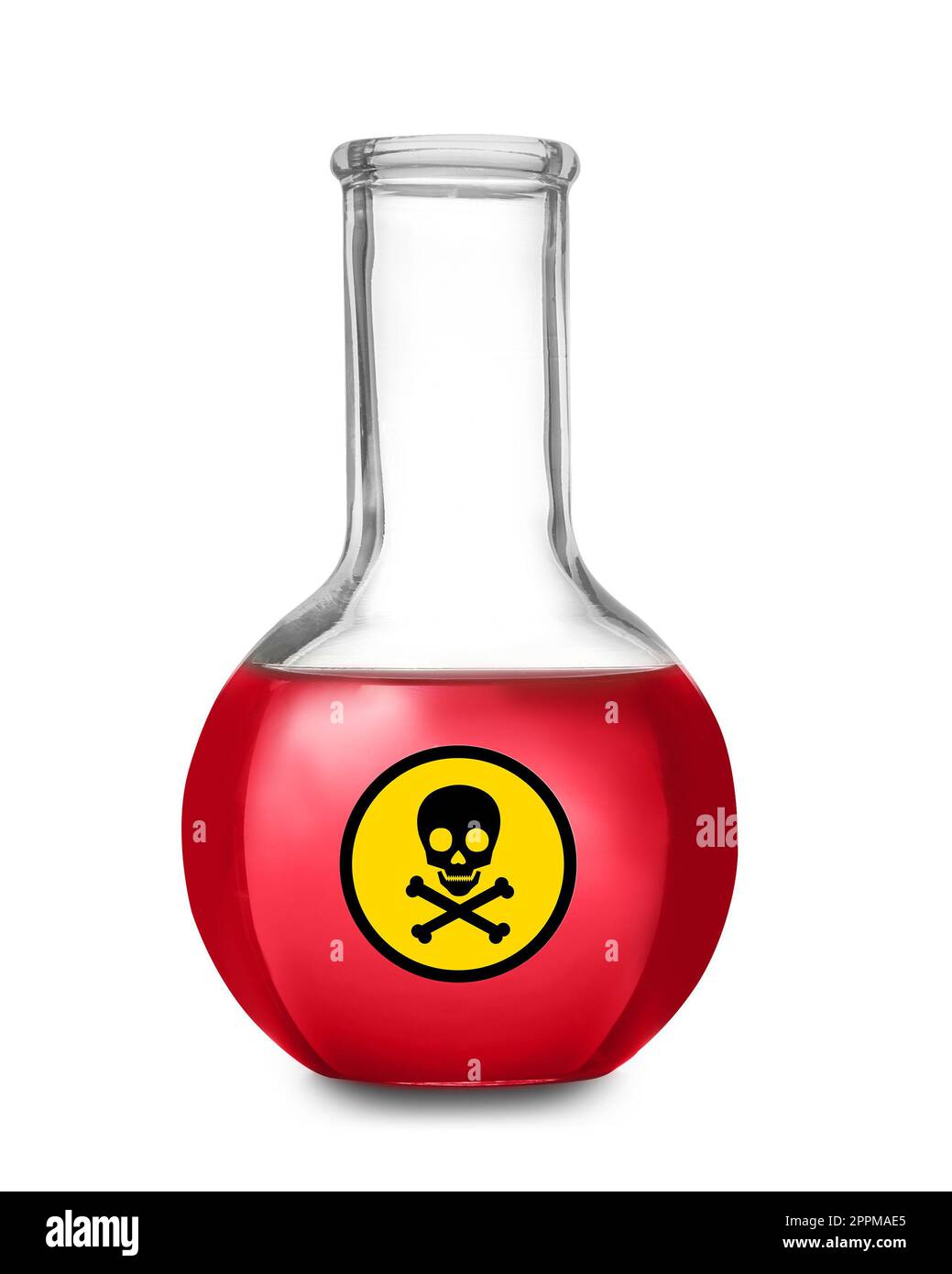 Glass bottle with red toxic sample and warning sign on white background