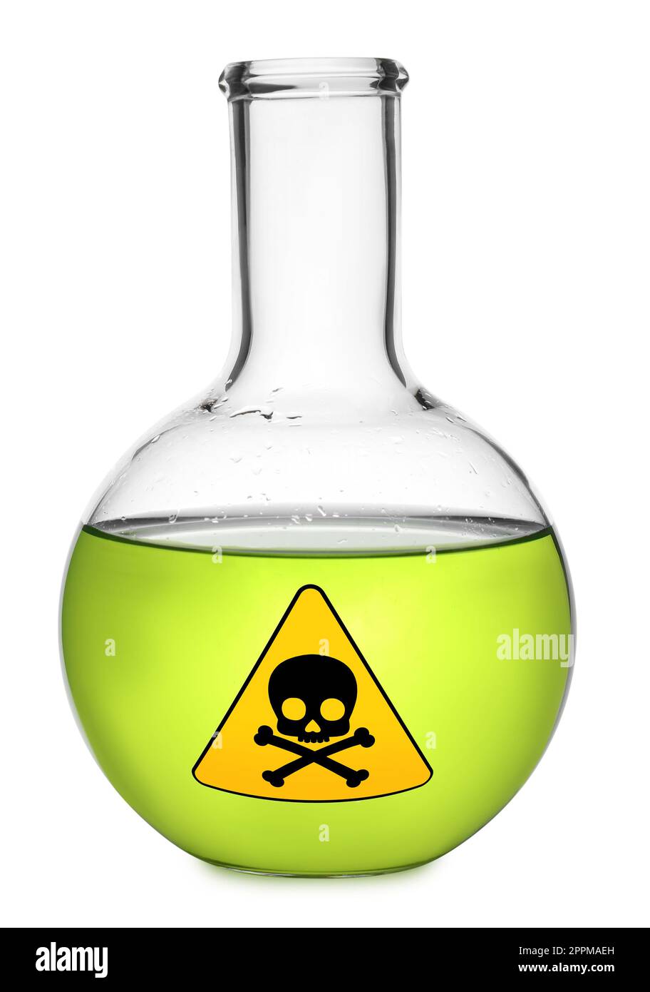 Glass bottle with color toxic sample and warning sign on white