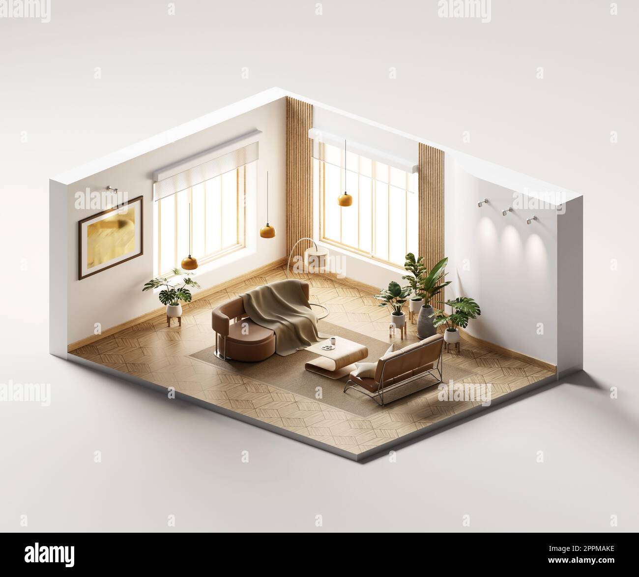 Isometric view living room muji style open inside interior architecture ...
