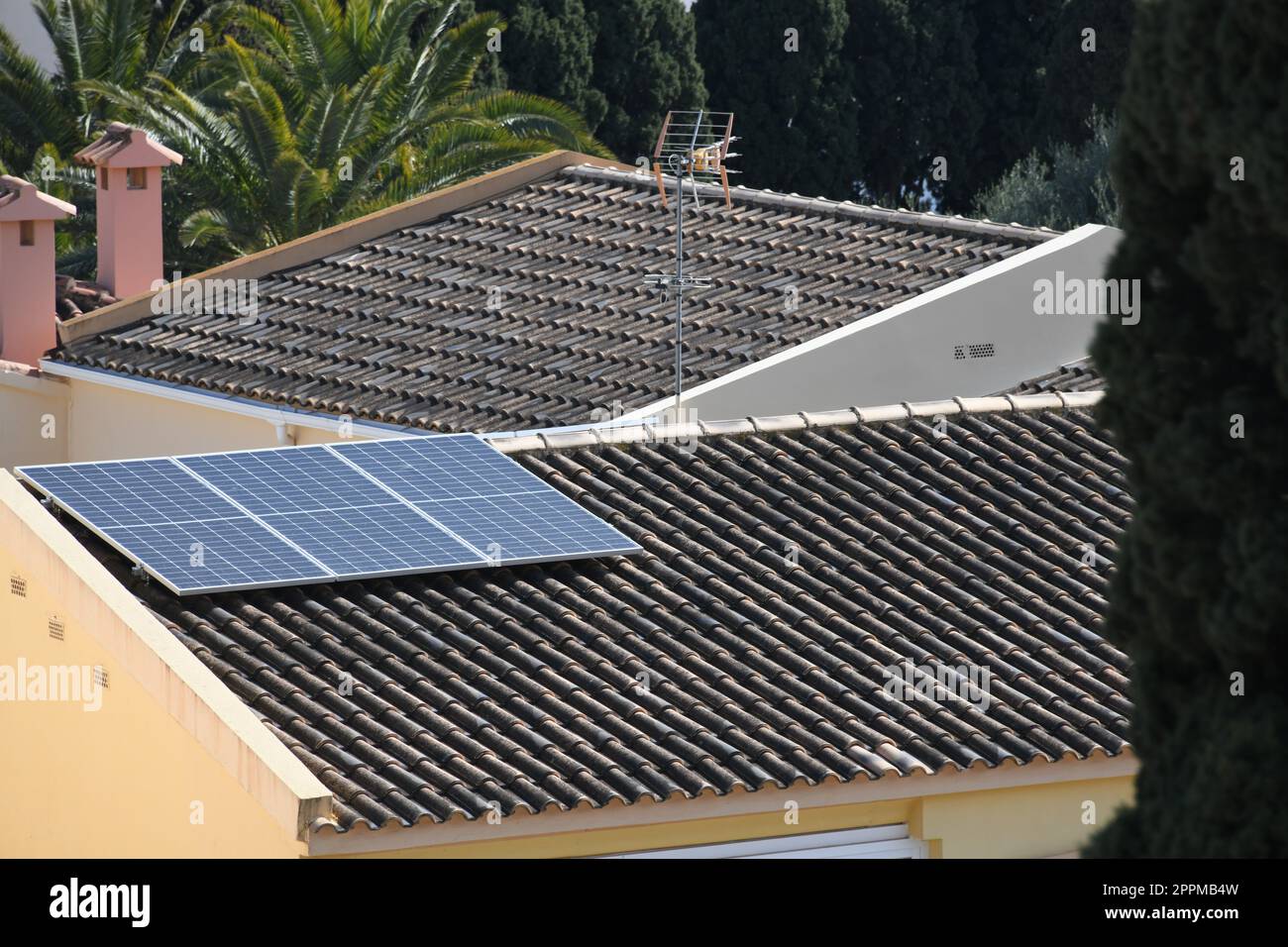 Roof tiles with solar panels on the roof in Alicante province, Costa