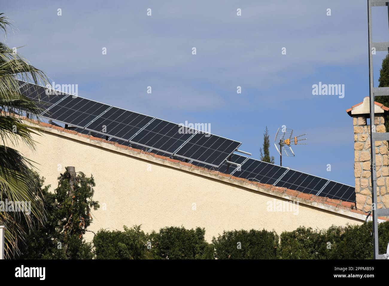Roof tiles with solar panels on the roof in Alicante province, Costa