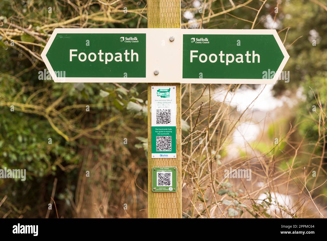 Public Footpath sign with QR Codes for walkers to scan and get information on walking and