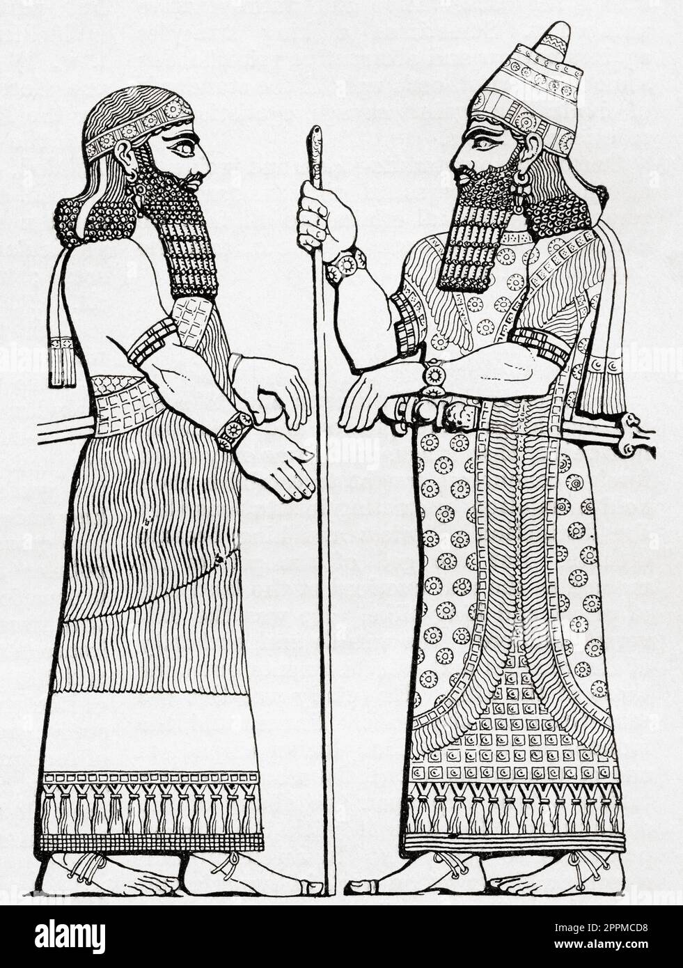 An Assyrian king and his chief minister.  From the book Outline of History by H.G. Wells, published 1920. Stock Photo