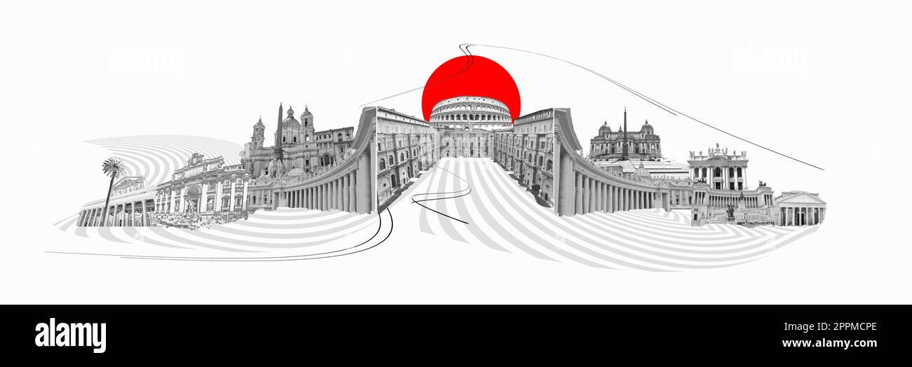 Rome famous landmarks collage. The art design from best views of Rome, Italy, Europe. Stock Photo
