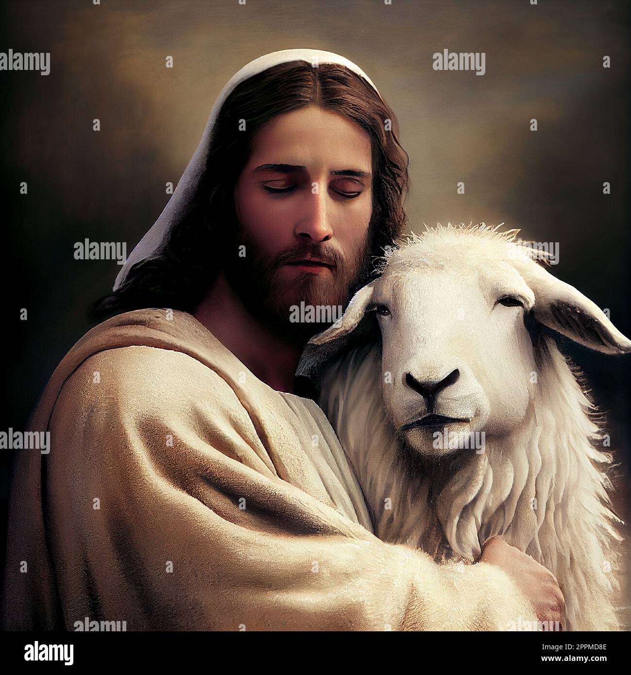 Jesus Christ holding the lost sheep in his arms, religion and faith of ...