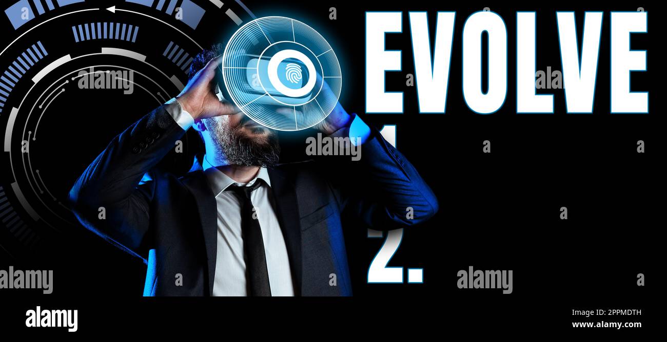 Conceptual caption Evolve. Word for develop gradually Improve your skills physique or personality Stock Photo