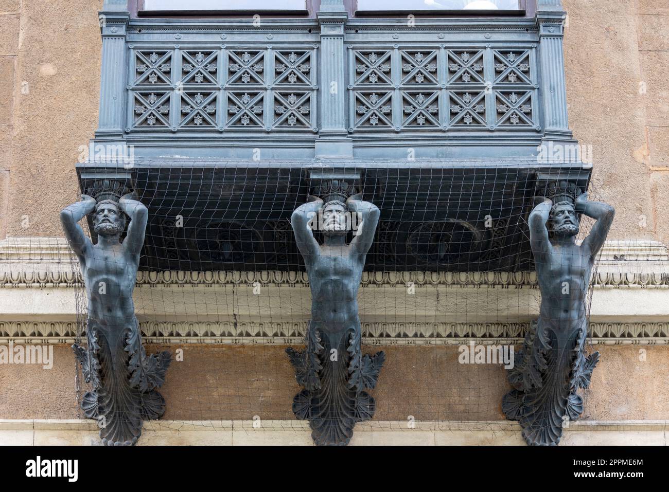 Klein Palace, cast iron bay window supported by three male iron figures, Brno, Czech Republic Stock Photo
