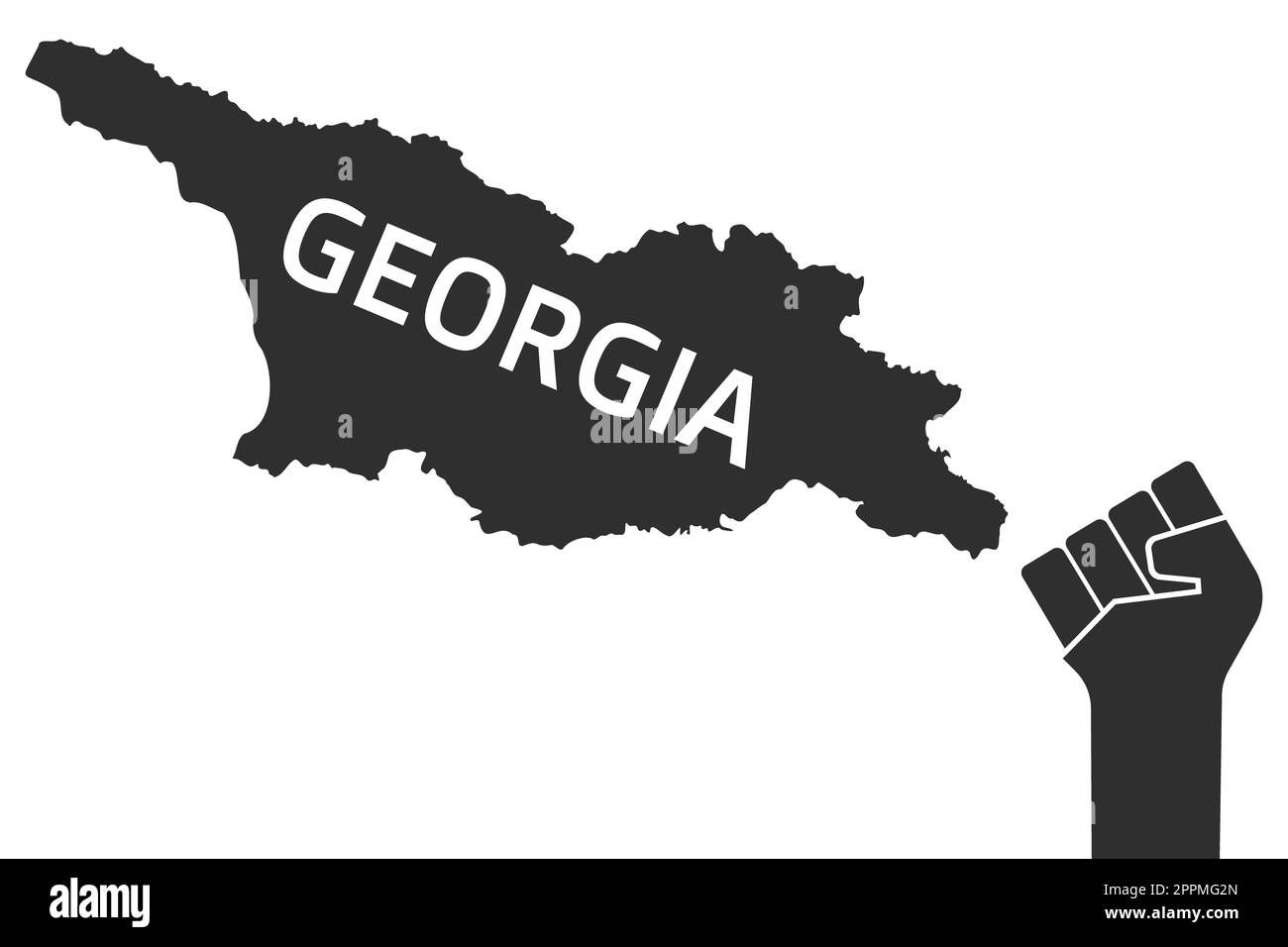 Georgia map and clenched fist icon. Protest against the authorities of over parliamentary support for new Foreign Influence Transparency Act. Fight for georgian people concept - vector illustration. Stock Photo