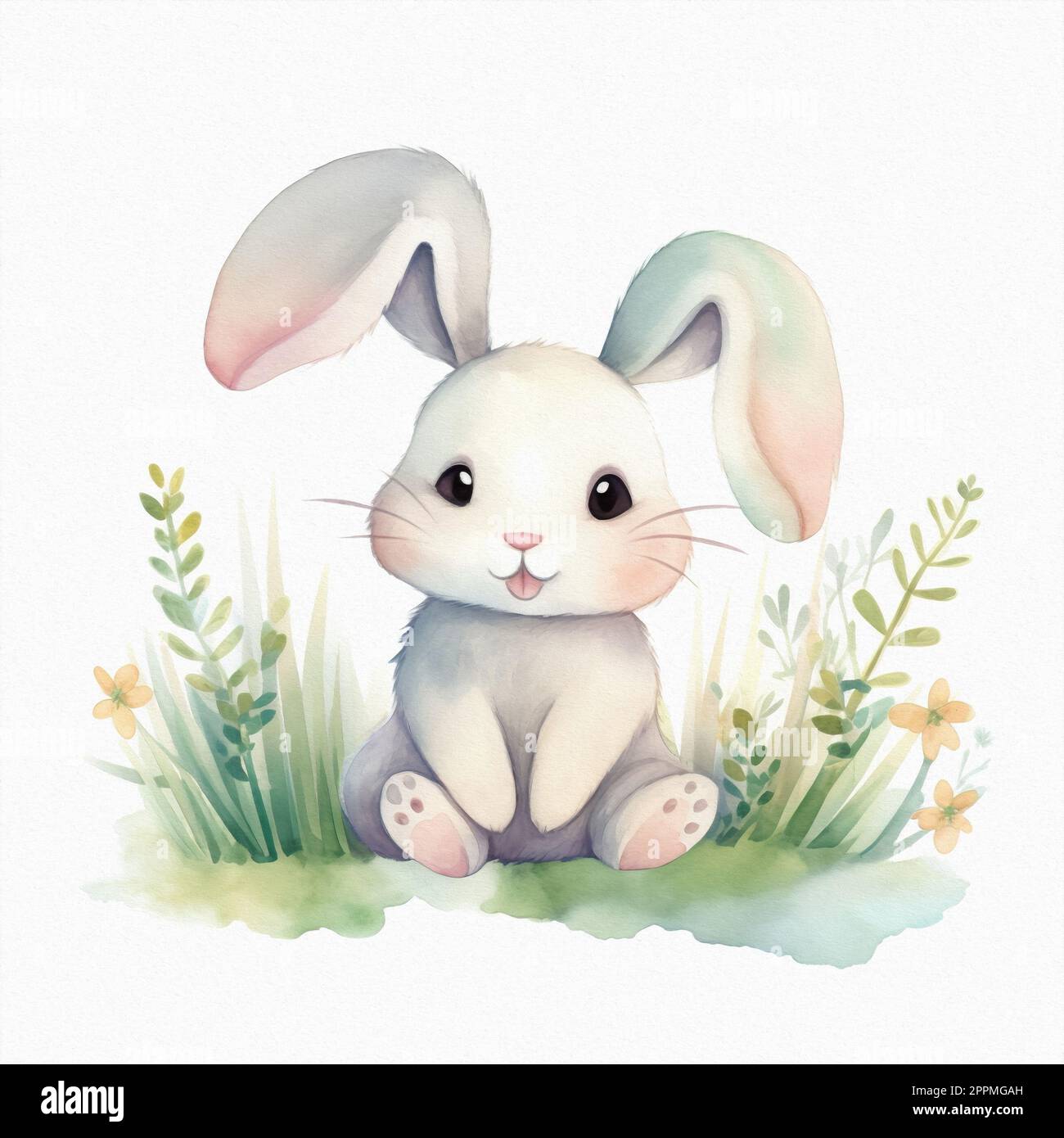 Cute baby bunny, pastel colors, flowers, watercolor illustration Stock ...