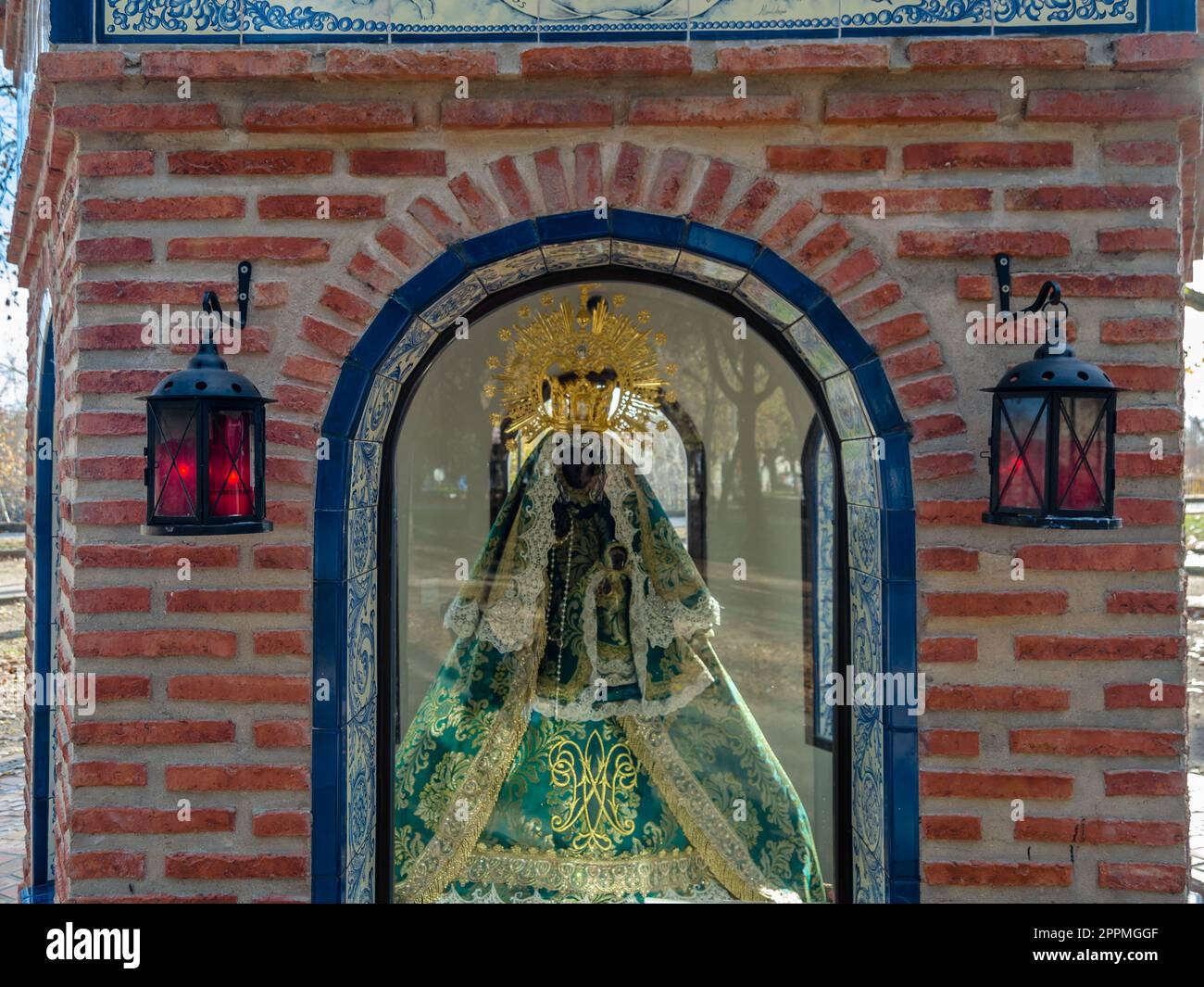 TALAVERA DE LA REINA, SPAIN - DECEMBER 19, 2021: Monument to the Virgin of Guadalupe inaugurated in 2019 in the town of Talavera de la Reina, Castilla La Mancha, Spain. It is a Mudejar temple inlaid with Talavera ceramics, created by the architect Mario R Stock Photo