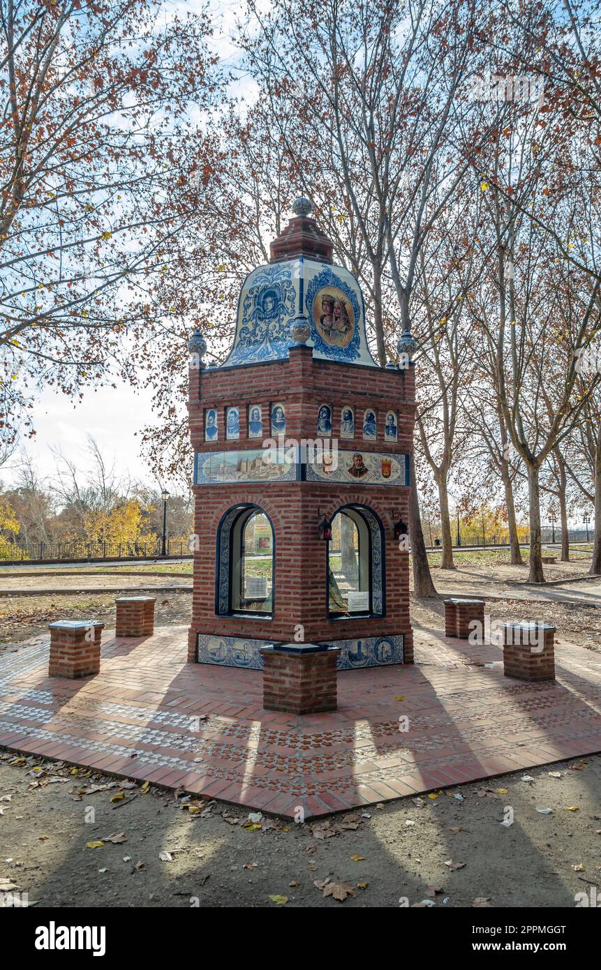 TALAVERA DE LA REINA, SPAIN - DECEMBER 19, 2021: Monument to the Virgin of Guadalupe inaugurated in 2019 in the town of Talavera de la Reina, Castilla La Mancha, Spain. It is a Mudejar temple inlaid with Talavera ceramics, created by the architect Mario R Stock Photo