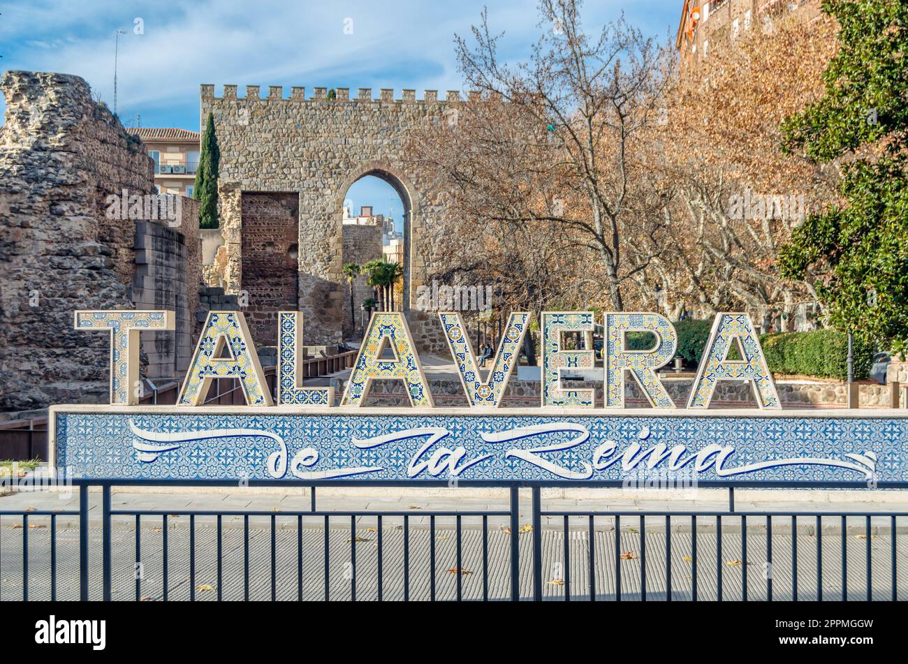 TALAVERA DE LA REINA, SPAIN - DECEMBER 19, 2021: Letter sign with the name  of the town of the town of Talavera de la Reina, Toledo province, Castilla  La Mancha, central Spain