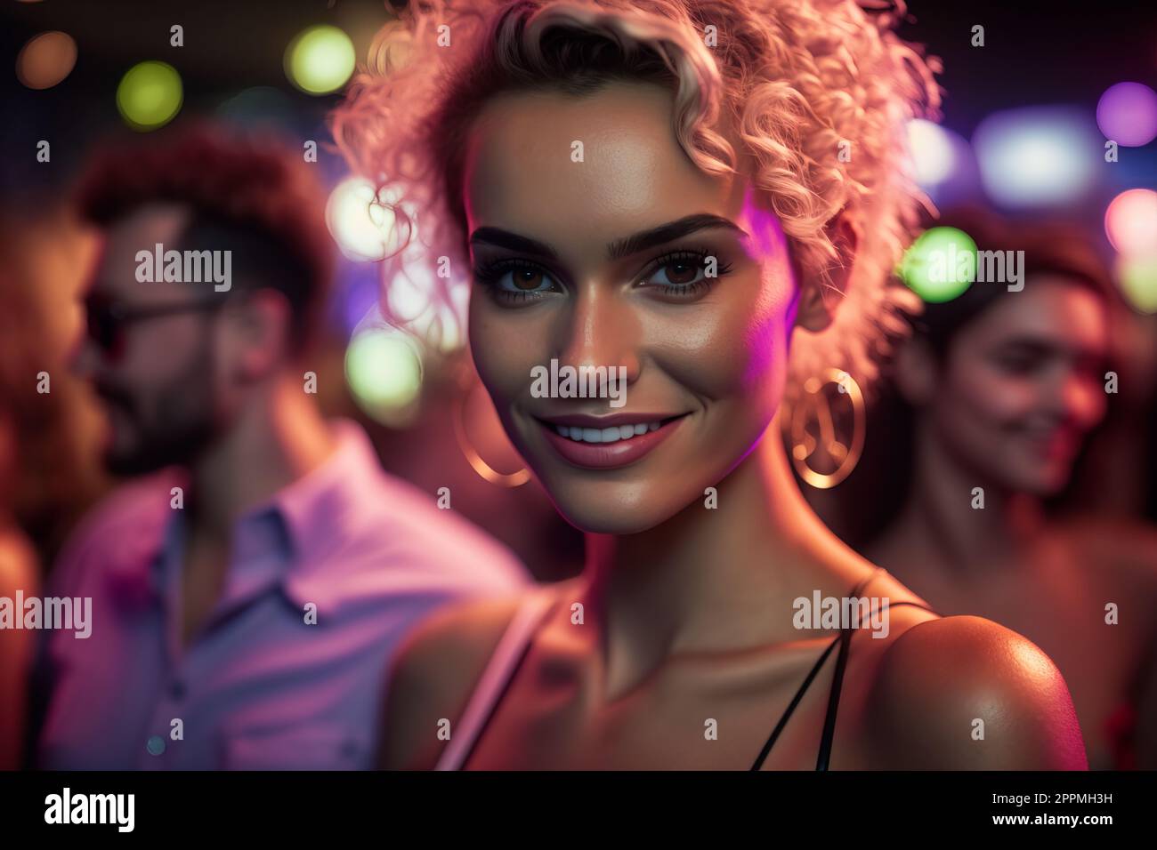 Party girl socializing on a night out. Happy woman smiling, chatting and having fun with friends outdoor at the restaurant or bar Stock Photo