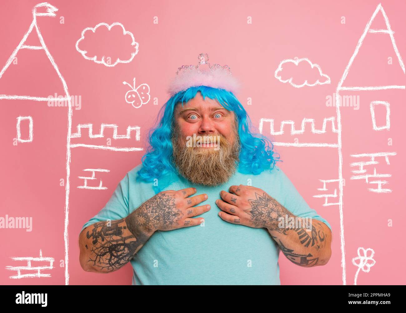 Fat amazed man with tattoos acts like a princess Stock Photo