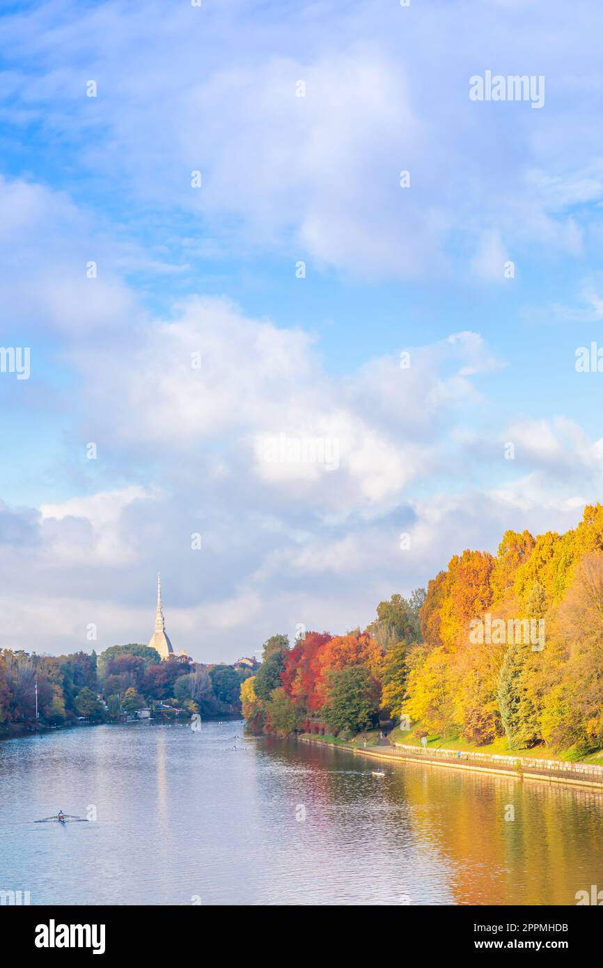 Autumn in Turin with Po' river, Piedmont region, Italy. landscape with blue sky. Stock Photo