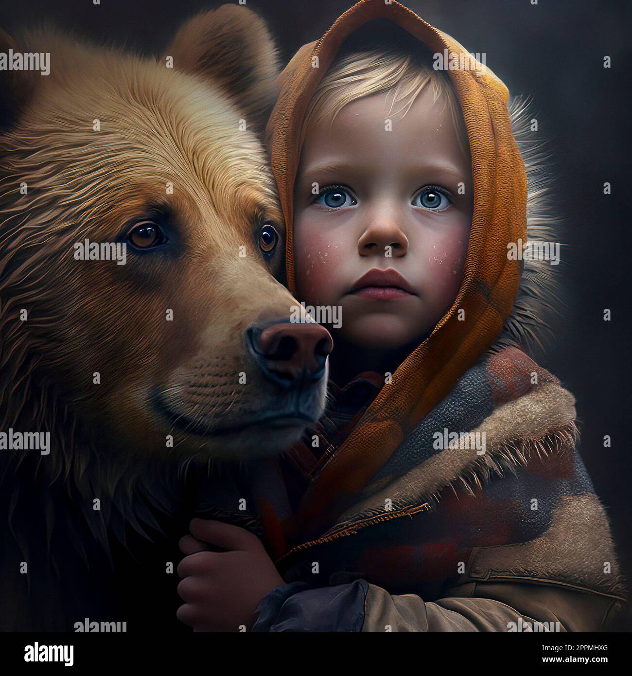 A Young Girl in a Yellow Hood Embraces a Large Brown Bear in a Heartwarming Moment of Friendship and Affection Stock Photo