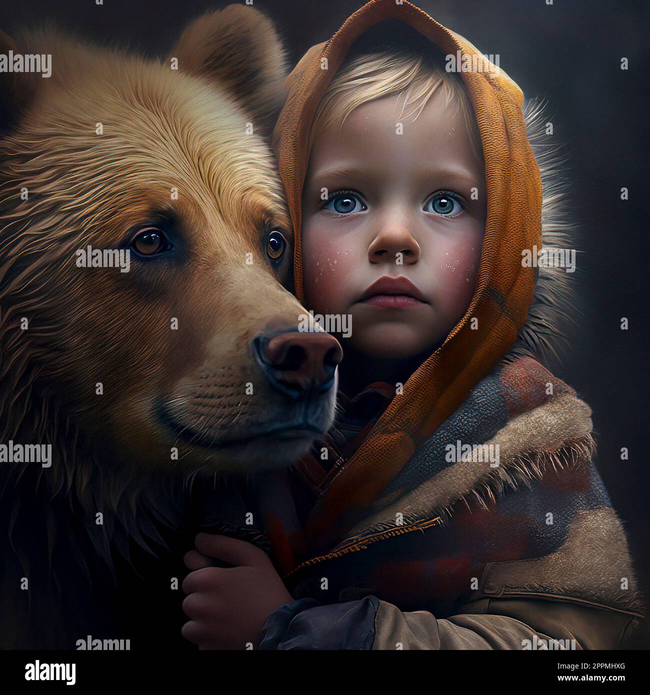 A Young Girl in a Yellow Hood Embraces a Large Brown Bear in a