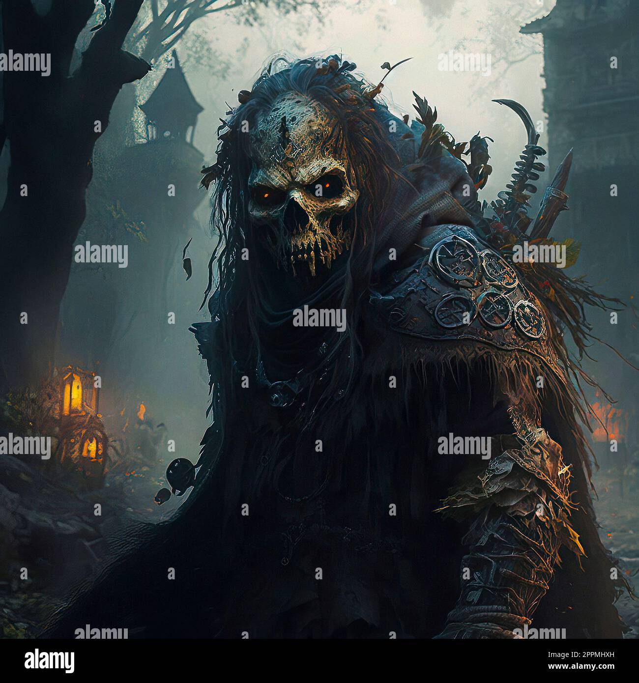 Concept Art Demonic-looking Skeleton Warrior with Sharp Spikes, and Glowing Red Eyes Stock Photo