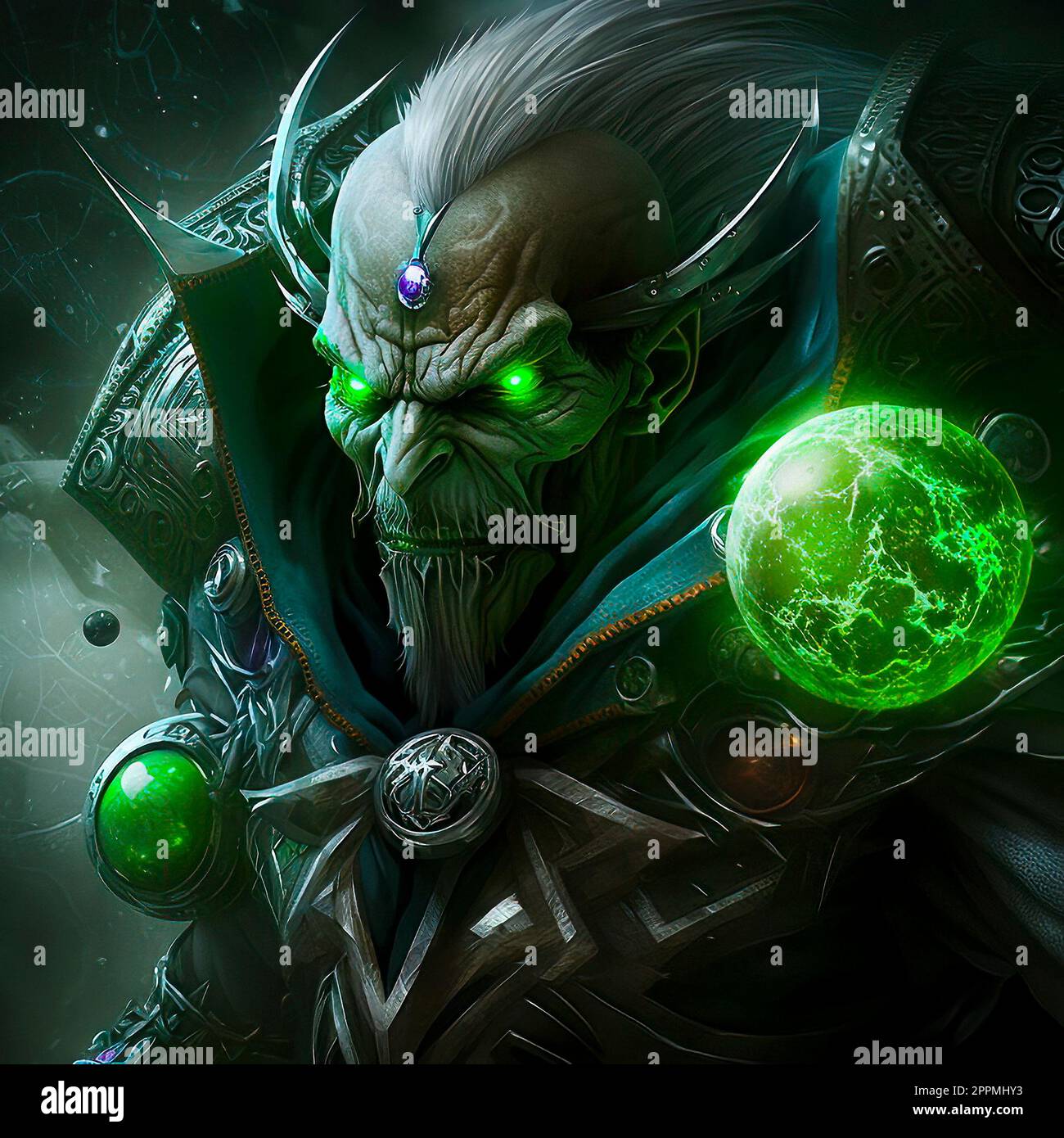 A Dark Priest or Necromancer with Piercing Green Eyes holding a Magical Green Glowing Ball in a Dimly Lit Chamber, Its Pulsing Energy Casting an Eerie Light on their Face and the Surrounding Area Stock Photo