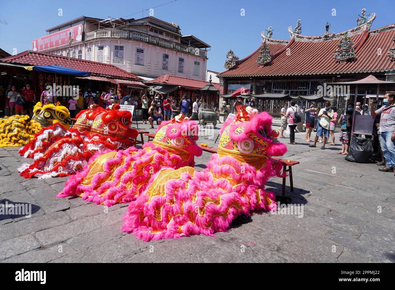 Chinese lion dance in a group perform Stock Photo