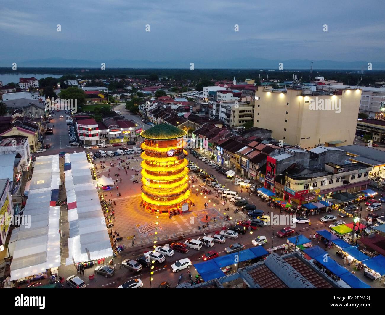 Teluk Intan tower with beauty illuminated led light and town in blue hour Stock Photo