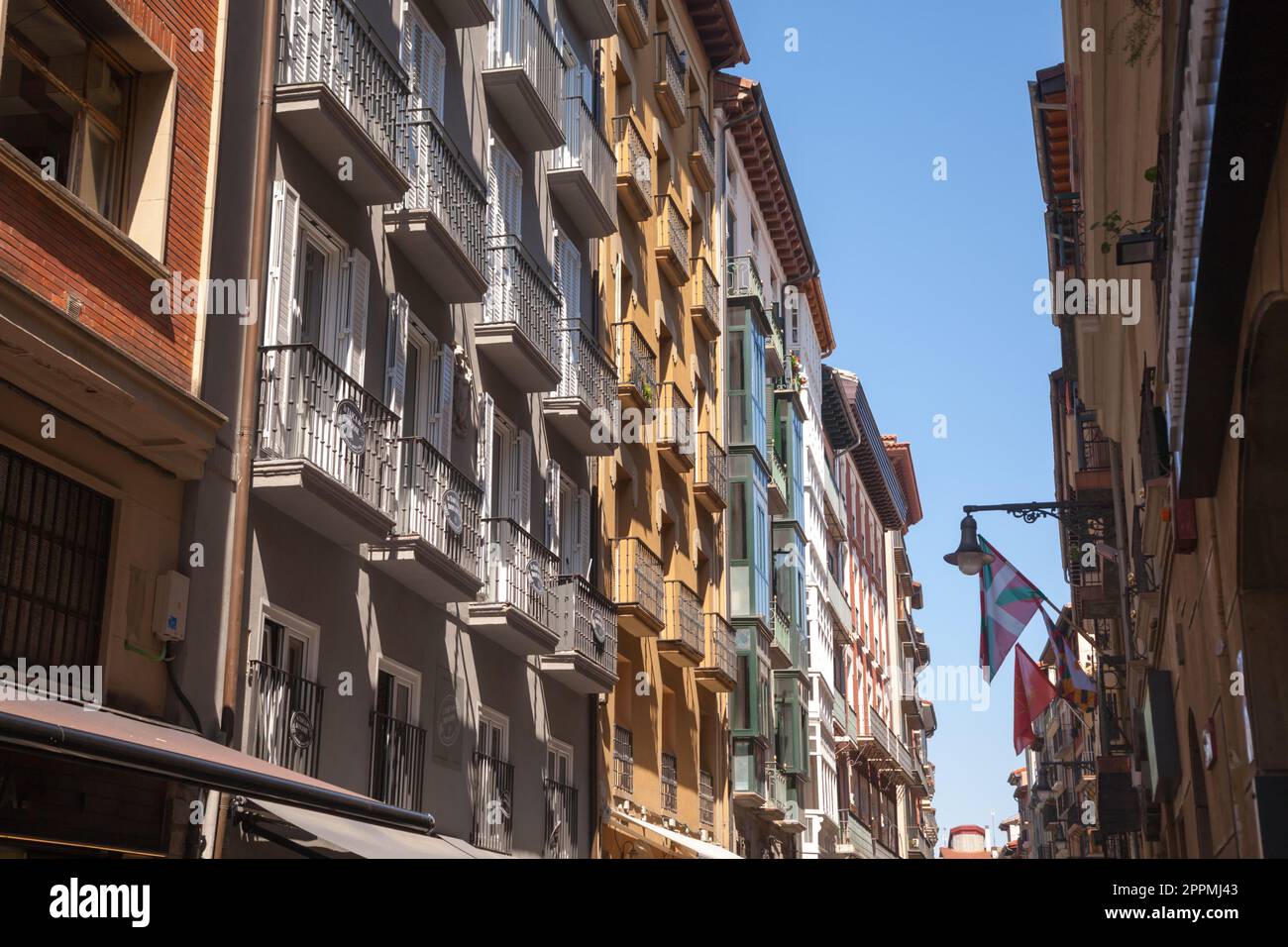 Pamplona city center, colorful facade in Castle plaza, Spain Stock Photo