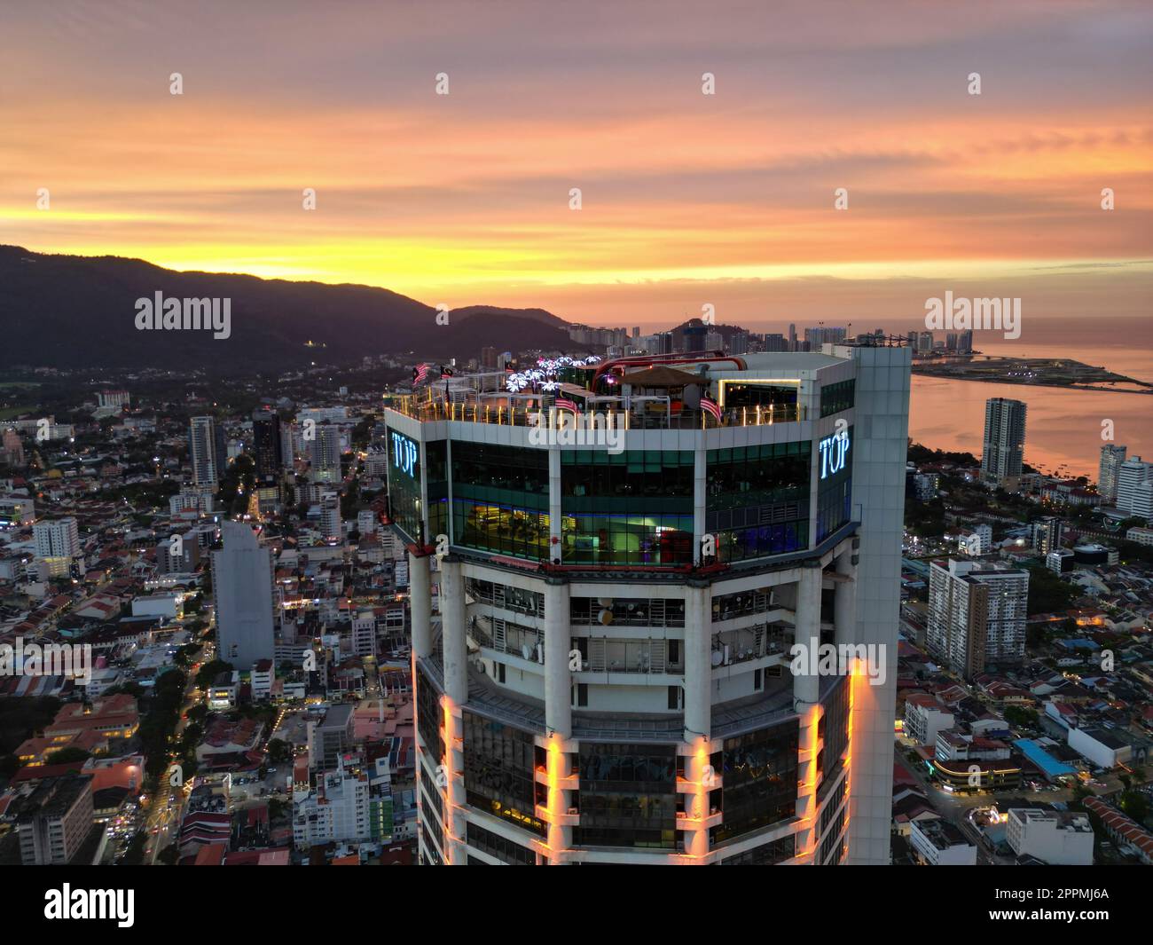 Aerial view Komtar the top building during dramatic sunset hour Stock Photo