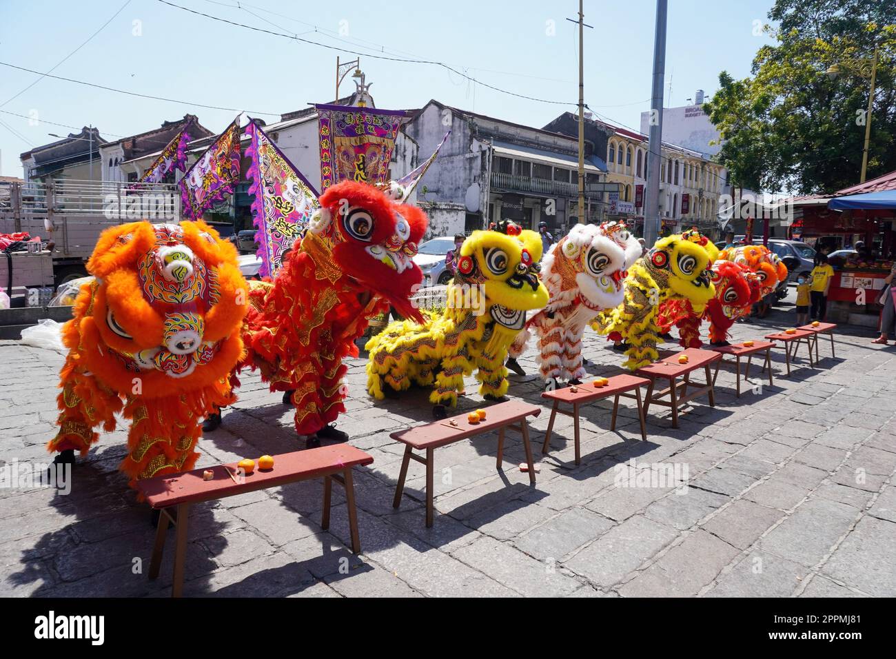 Different color Chinese lion dance perform Stock Photo