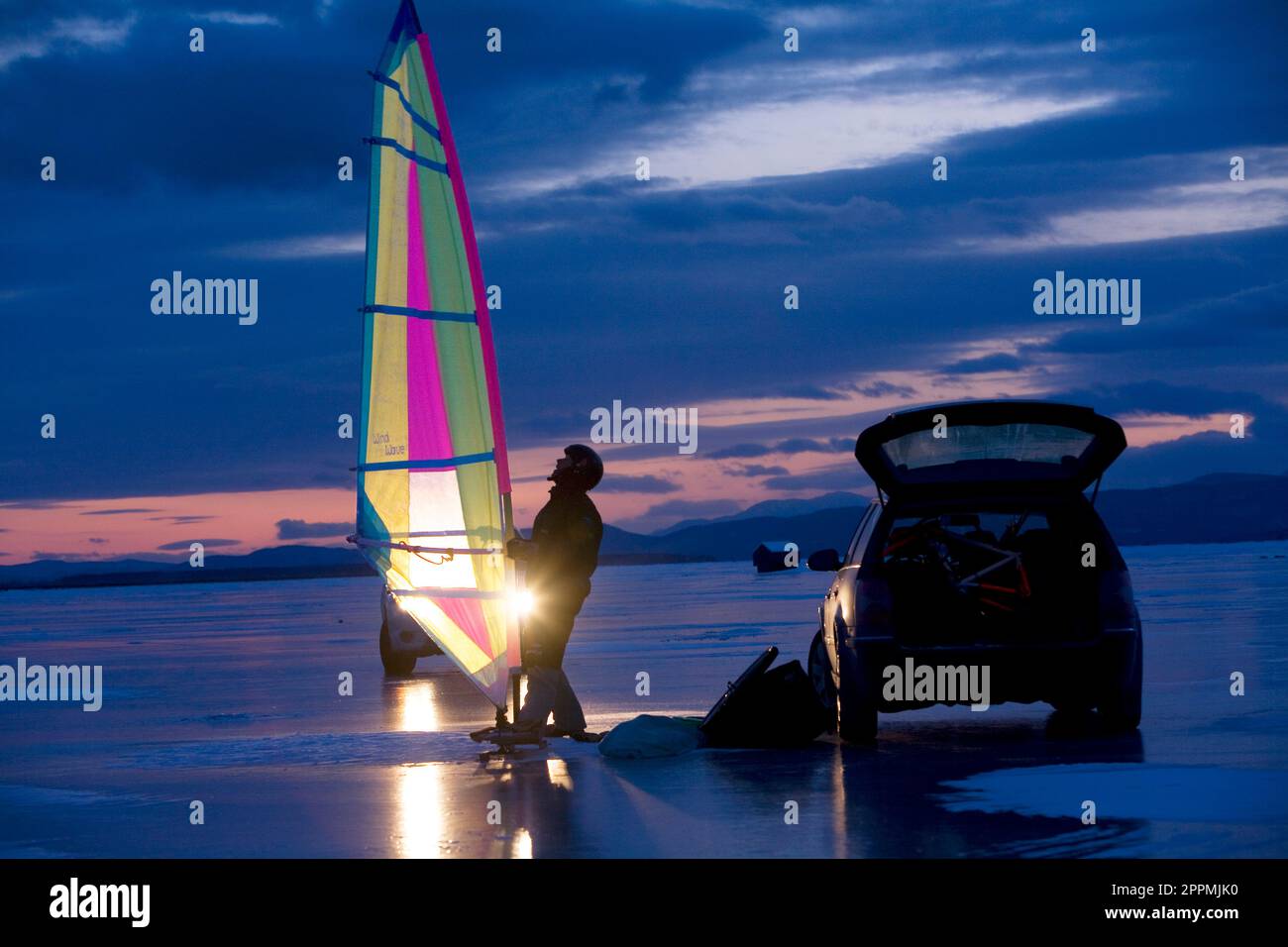 Ice saling, sailboarding, Lake Champlain, South Hero, Vermont Stock